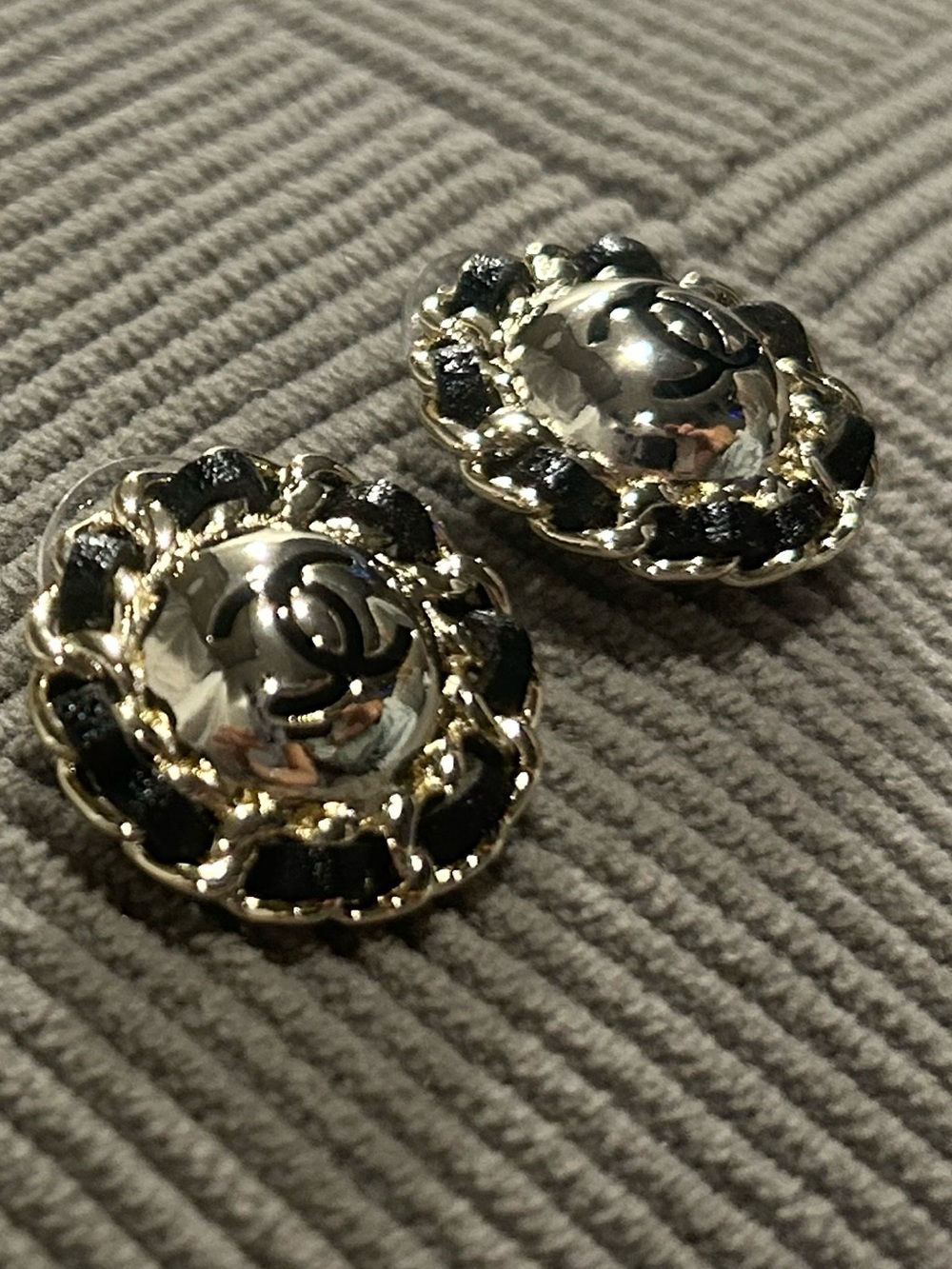 Black and Gold / Silver Tone Braided Lettered C Button Earrings